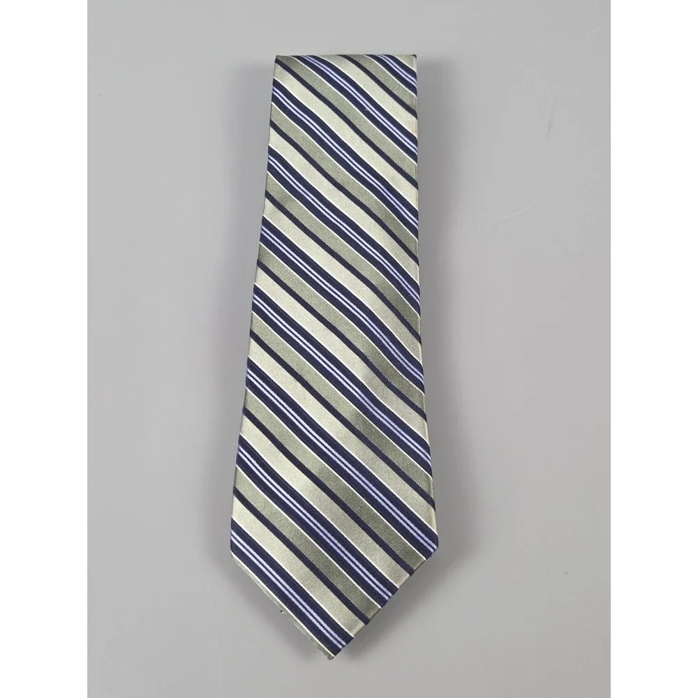 FUMAGALLI 100% Silk‎ Necktie Stripe Navy Olive Green Blue Gold